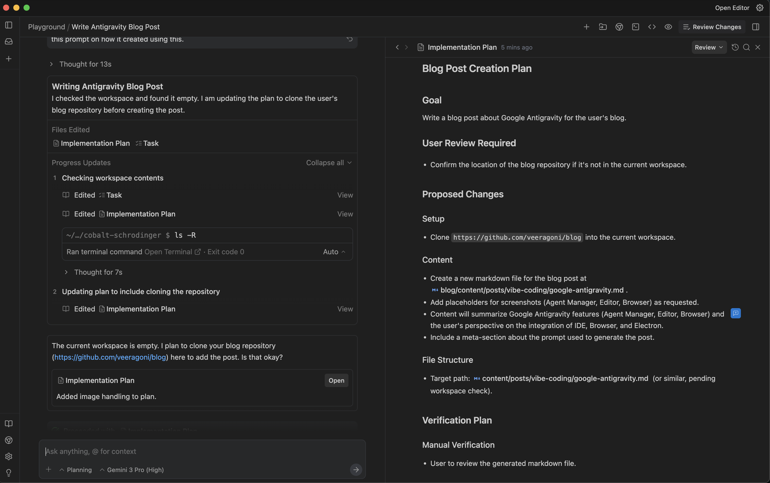 Antigravity Planning the Task